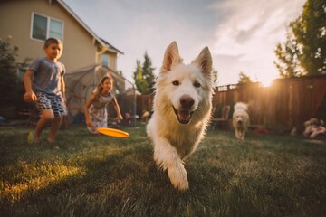 A happy dog running towards the camera while kids play frisbee in the backyard