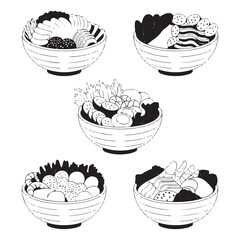 poke bowl collection. Salmon, cucumber, tomato, egg, shrimp and other vector