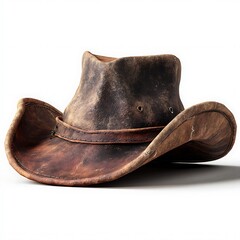 A weathered brown leather cowboy hat on white background