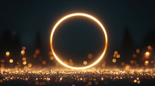 Glowing gold circle frame with sparkling light effects, abstract festive background