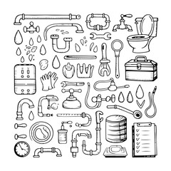 Set of plumbing doodle on white background. Hand drawn abstract doodle isolated on white background.