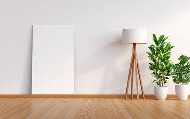 Fototapeta premium Modern interior featuring a blank canvas, stylish lamp, and vibrant plants in a serene setting
