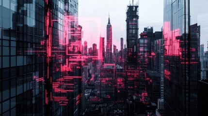 Futuristic City Skyline with Neon Elements and Overlay Data Visualization in Urban Landscape