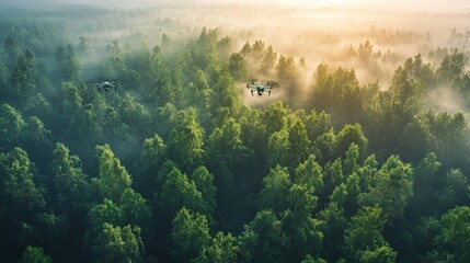 Aerial view of drones over a misty forest.