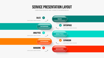 Fototapeta premium Visual Overview 5 Option Diagram Presentation Layout. Financial Profile Five Step Infographic Slide Design. Modern Proposal Slideshow Template Vector Illustration.