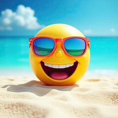 Smiling Yellow Emoticon with Blue Sunglasses on Sunny Beach