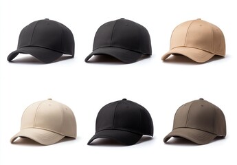 Variety of baseball caps in black, beige, and brown colors arranged neatly on white background