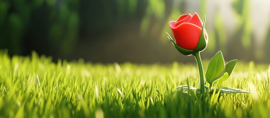 Crimson rosebud in emerald field bathed in gentle sunlight beckons viewers