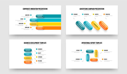 Company Briefing 4 4 4 4 Option Infographic Slideshow Template Set. Enterprise Overview Four Four Four Four Step Diagram Frame Design Vector Illustration Collection.