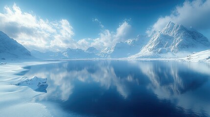 Sapphire light reflects off the smooth surface of a colossal, frozen lake surrounded by snow-covered mountains The air is crisp and cold, and the silence is profound