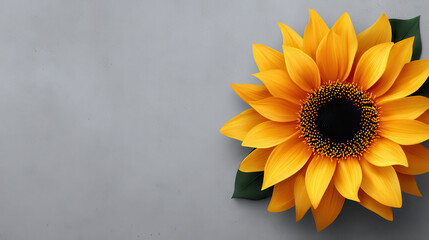 A bright yellow sunflower with a dark center is positioned on the right side of the frame against a textured gray background, creating a vibrant contrast naturally.
