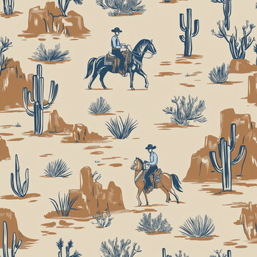 Cute Rodeo Cowboys seamless vector pattern. desert landscape with cacti repeating background. Wild West surface pattern design for All fabric and Prints