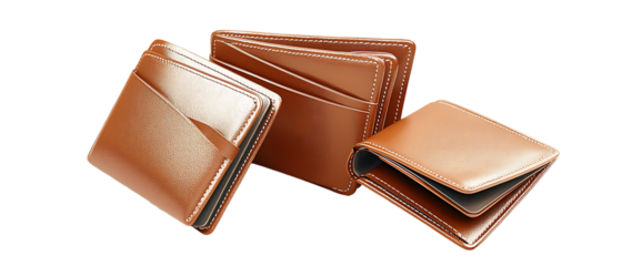 Assortment of leather wallets purses and other accessories displayed in a minimalist studio setting Showcasing vintage retro and premium fashion items