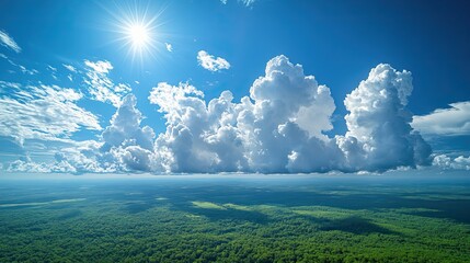 Sapphire skies are filled with fluffy white clouds, creating a picturesque and serene vista, a feeling of peace and the beauty of the atmosphere