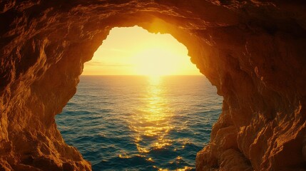 Sunlit ocean vista through a rocky cave entrance.