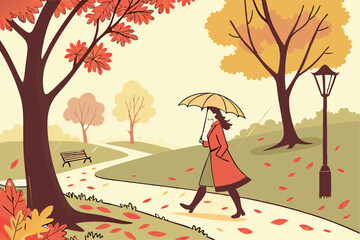 82 autumn landscape, park path, fallen leaves, woman with umbrella walking, rainy day, vivid fall foliage, moody atmosphere, golden light, trees in background, lush greenery, peaceful scene