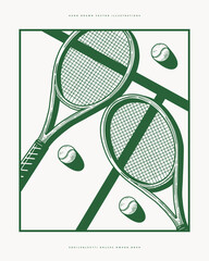 Tennis rackets and balls on tennis court. Hand drawn vector illustration with frame. Sports and recreation concept for design, poster, banner, and print.