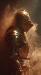 Fototapeta premium Medieval knight in ornate armor surrounded by rising smoke and dramatic lighting.