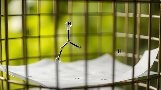 Glutaraldehyde, glutaral molecule. It is is used for industrial, laboratory, agricultural, disinfection of medical devices. Structural chemical formula, molecule model. Sheet of paper in a cage