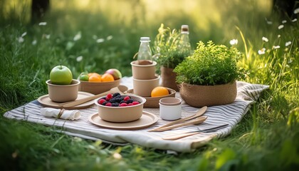 An eco-friendly picnic setup on a grassy field featuring reusable containers, wooden cutlery, cloth napkins, and fresh fruits and herbs — ideal for sustainable outdoor dining