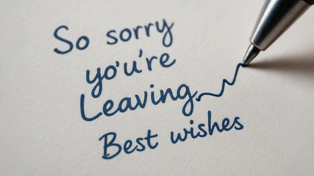 Pen writing farewell message on paper with ink, expressing heartfelt note about termination and best wishes in personal farewell message