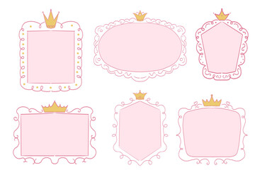 Princess cute pink frame sketch with crown swirl decorations. Simple doodle hand drawn border. Whimsical elegant vintage.