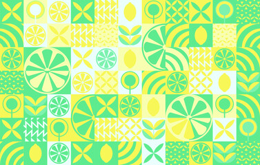 Lemon minimalistic geometric background. Vector abstract style pattern. Bauhaus trend. Abstract illustration of lemon, leaves, symbols. Simple icon.