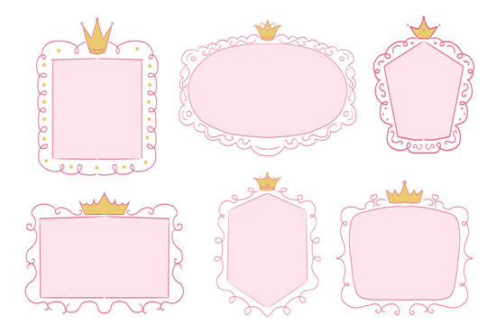Princess cute pink frame sketch with crown swirl decorations. Simple doodle hand drawn border. Whimsical elegant vintage.