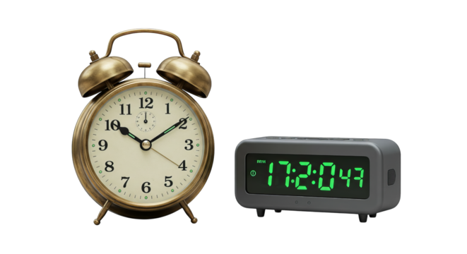 A juxtaposition of time: A vintage bronze alarm clock displayed with modern digital timekeeping.