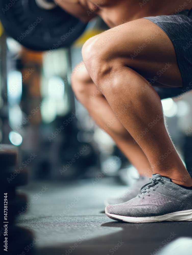 Poster legs performing a squat in a gym with blurred weights and equipment in the background during a fitne