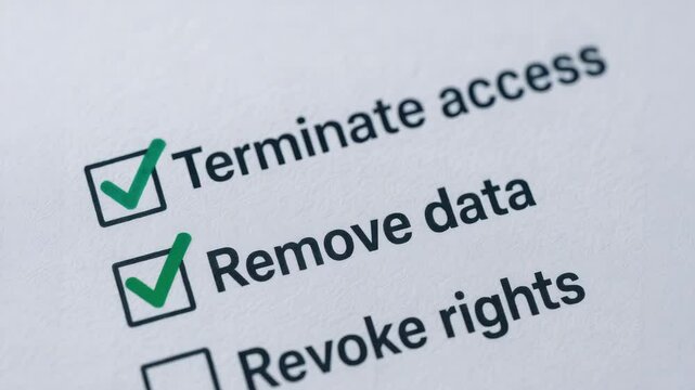 Terminate access and remove data checked on security checklist to revoke rights and ensure secure data management and termination process