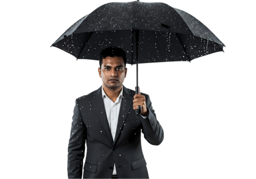 Businessman with Umbrella in Rain isolated on white background