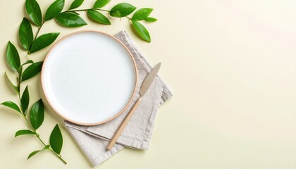 Elegant dining setup with fresh green leaves minimalist kitchen food presentation bright natural light aesthetic viewpoint