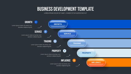 Fototapeta premium Enterprise Analysis Five Option Diagram Slide Layout. Product Strategy Slideshow Template Vector Illustration. Sales Plan 5 Step Infographic Presentation Design.
