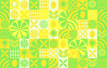 Lemon minimalistic geometric background. Vector abstract style pattern. Bauhaus trend. Abstract illustration of lemon, leaves, symbols. Simple icon.