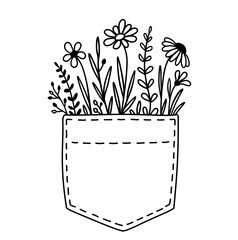 Flowers in pocket, hand drawn floral pattern with daisy, chamomile, wildflowers