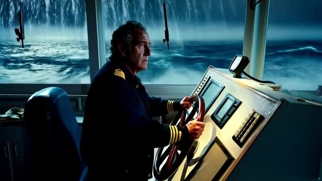 A man in a boat painted blue jacket is looking at a computer screen.