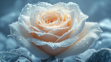 Fototapeta premium Silver frost coats the delicate petals of a winter rose, transforming its beauty into a crystalline masterpiece, a fragile jewel in a cold landscape