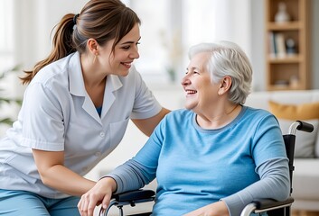 Young professional caregiver taking car senior elderly patient with niceness, providing assistance to seniors with chronic conditions - assist them with daily activities