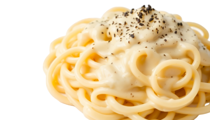 Creamy Spaghetti Cacio E Pepe in Elevated Close Up on Transparent Background Food Photography Clip Art Ready to Use Perfect for Decoration and Culinary Projects Isolated Italian Dish with Black