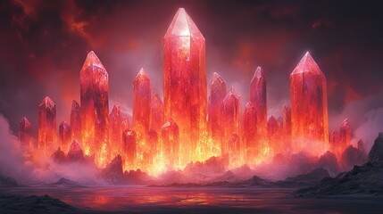 Silver mist clings to jagged peaks of charcoal, while ruby crystals pulse with inner light, illuminating the valleys below where amber creatures roam