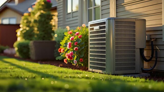 Outdoor Air Conditioning Unit Installed Beside House with Siding, Flower Bed, and Green Lawn in Bright Morning Sunlight

