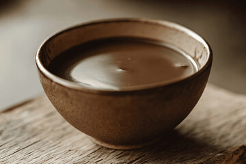 Obraz premium Rich and smooth chocolate cream in small bowl, close-up dessert photography with natural light