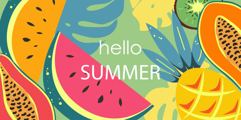 Hello summer. Summer background with tropical fruits: watermelon, papaya, pineapple. Vector illustration.