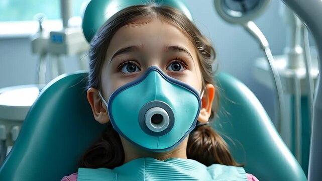Young Girl Sitting in Dental Chair Wearing Inhalation Sedation Mask Inside Modern Clinic with Dental Equipment in Background

