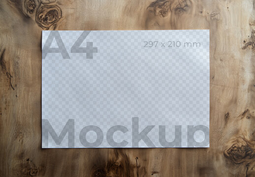 Realistic A4 Landscape Mockup Paper On Wooden Background