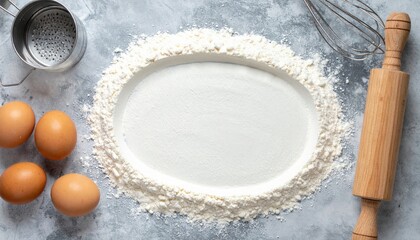 Baking preparation process with flour eggs and tools on a kitchen counter culinary arts home environment overhead view cooking concept