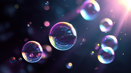 Naklejka premium Colorful soap bubbles floating in dark space with glowing light effects, creating magical and dreamy atmosphere with iridescent reflections and soft bokeh highlights