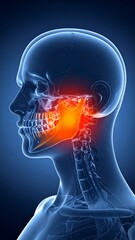 TMJ disorder illustration showing temporomandibular joint pain and dysfunction in a blue anatomical human head medical visualization for healthcare