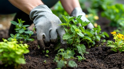 Fototapeta premium Hands nurturing young saplings in rich soil for a sustainable garden in a green landscape